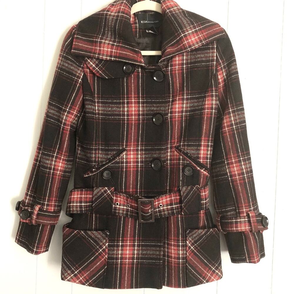 Moda brown red wool plaid preppy academia 70s 60s retro belted peacoat XS
